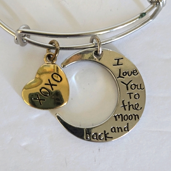"I Love You to the Moon & Back" "XOXO" Silver & Gold Charm Bangle Bracelet NWOT - Picture 2 of 7